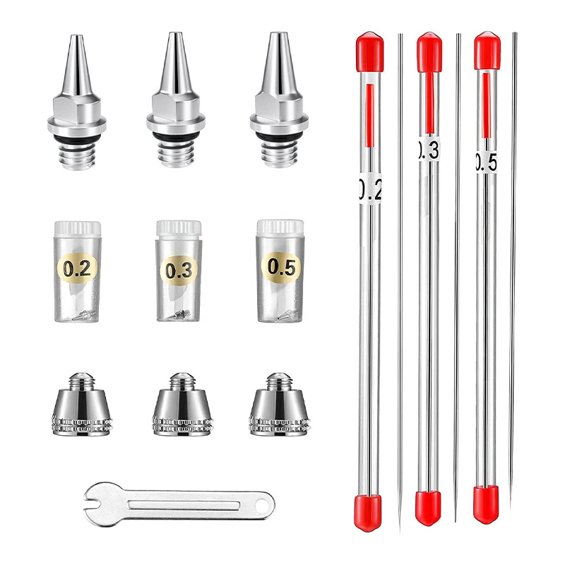 10-kusy súprava náhradných dielov s výmenou kefky s 0,2 mm, 0,3 mm a 0,5 mm airbrush trysky, ihiel, uzáverov dýzy a mini kľúča pre príslušenstvo pre striekajúce pištole